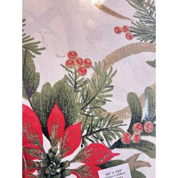 NEW Christmas Tablecloth Ivory Red Green Gold Poinsettia Oblong NOS - Picture 7 of 7